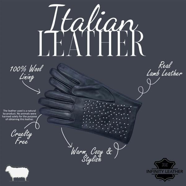 Infinity Leather Womens Italian Leather Winter Studded Design Soft Wool Lining Gloves - L-GLV-601