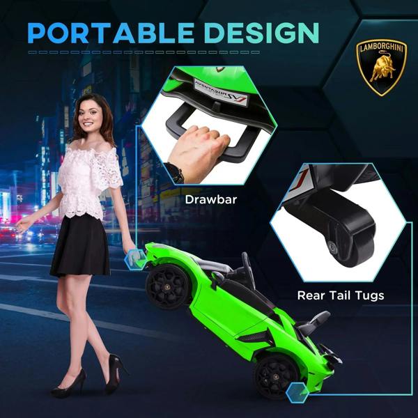 Lamborghini Aventador 12V kids electric car in bright green, portable design and rear view