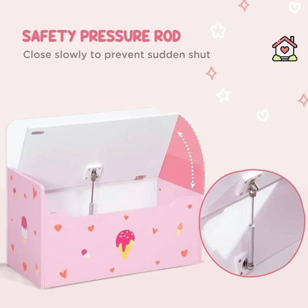 Pink toy box with hinged lid and pressure safety rod to help prevent sudden closing