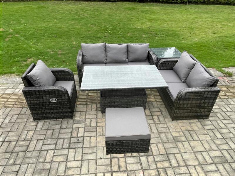 Fimous Rattan Garden Furniture Patio Set, Adjustable Height Table, Reclining Chair Sofa, Side Table, Big Footstool, Dark Grey Mixed