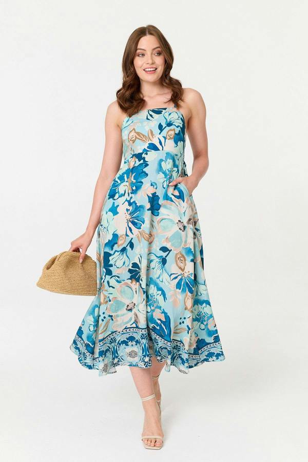 Blue | Floral A-Line Sleeveless Maxi Dress
