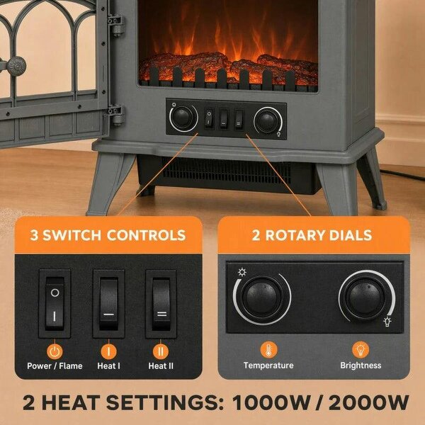 Freestanding Electric Fireplace, Electric Log Burner with LED Flame Effect, Overheating Safety System, 1000W/2000W Grey