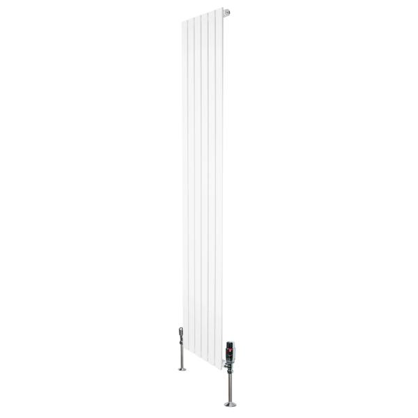 Flat single column radiator in white, 1800mm x 420mm, featuring sleek vertical lines and chrome valves for modern heating solutions