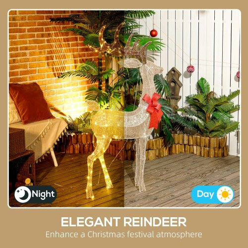 Outsunny Lighted Reindeer Christmas Decoration w/ Stakes Zip Ties Gold Tone