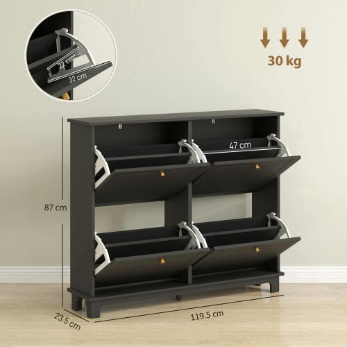 Wyld Haus Serodo Wooden Black Slim Shoe Cupboard With 4 Flip Drawer For 16 Pairs