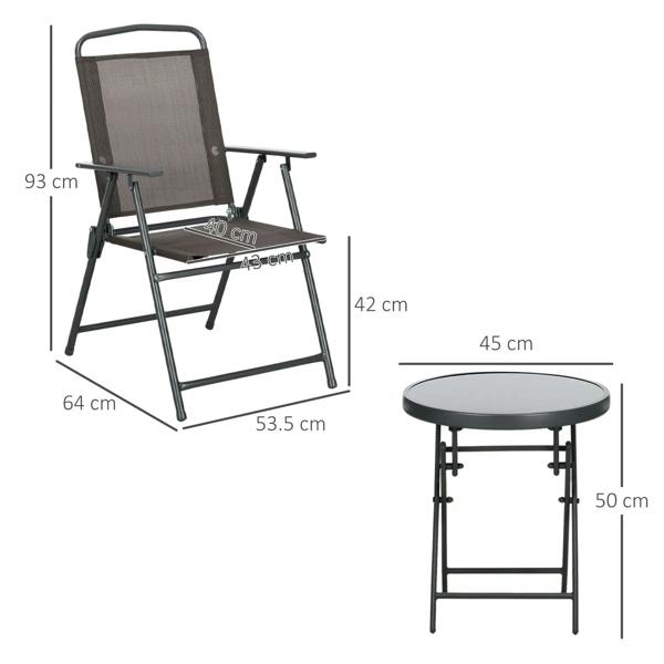 Folding mesh armchair and round side table shown with size measurements