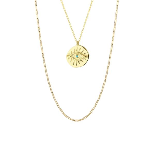 Spero London Eye Coin and Rectangular Chain Sterling Silver Evil Eye Necklace Set