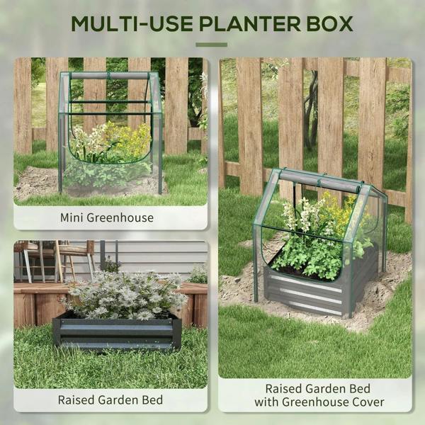 Grey multi-use planter box with greenhouse cover, shown with raised bed panels