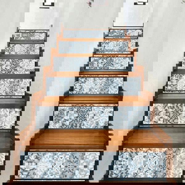 WFS031 - Light Blue Floral Tiles stairs stickers