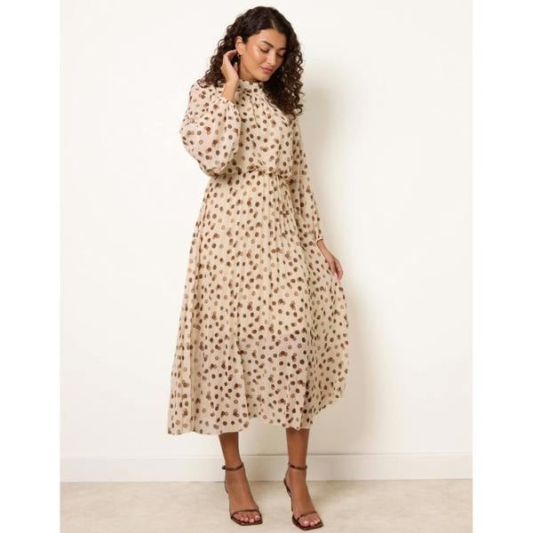 Blue Vanilla Shadow Polka Dot High Neck Pleated Dress