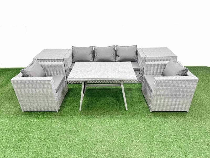 Fimous Outdoor PE Rattan Sofa Armchair Set Patio Garden Furniture Sets with Cushions 2 Side Tables Light Grey 7 Pieces