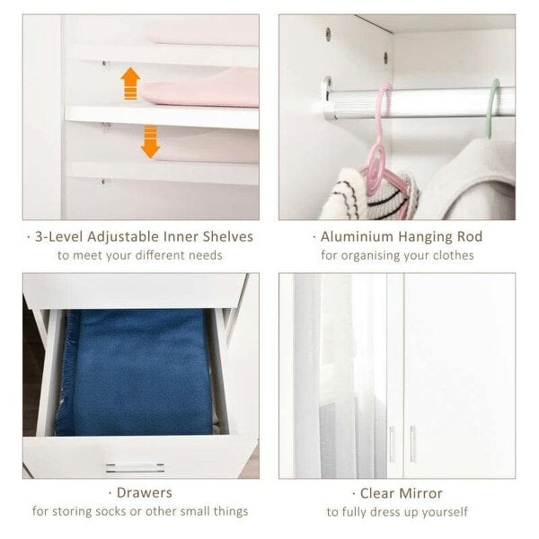 Bobobiy 2 Door 3 Drawer Mirrored Wardrobe with Hanging Rail, Modern Clothes Storage Cupboard with Mirror, 80 x 50 x 180 cm, White