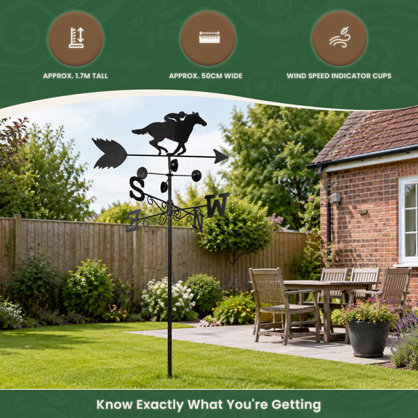 Horse Racer Steel Weathervane with Ground Spike and Wall Fixing, Black Outdoor Wind Direction Ornament with Wind Speed Cups