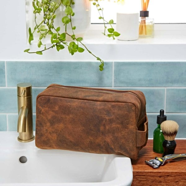 Paper High Large Brown Buffalo Leather Wash Bag