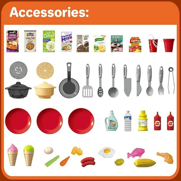 deAO Toys Kids Kitchen Playset with Sound, Lights, Steam Boil Effects Pretend Play Kitchen Set Role Play Toys with Kitchen Accessories