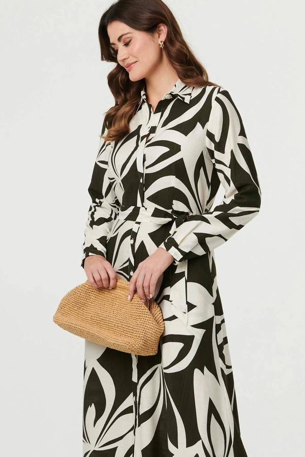 Khaki | Abstract Floral Maxi Shirt Dress