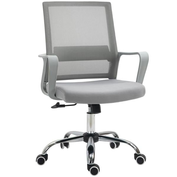 Grey mesh office desk chair with padded seat, armrests, and swivel caster base