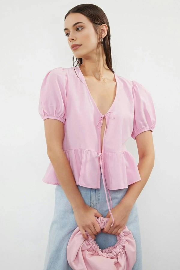 WOVCOR Tie Front V-Neck Short Sleeve Woven Shirt