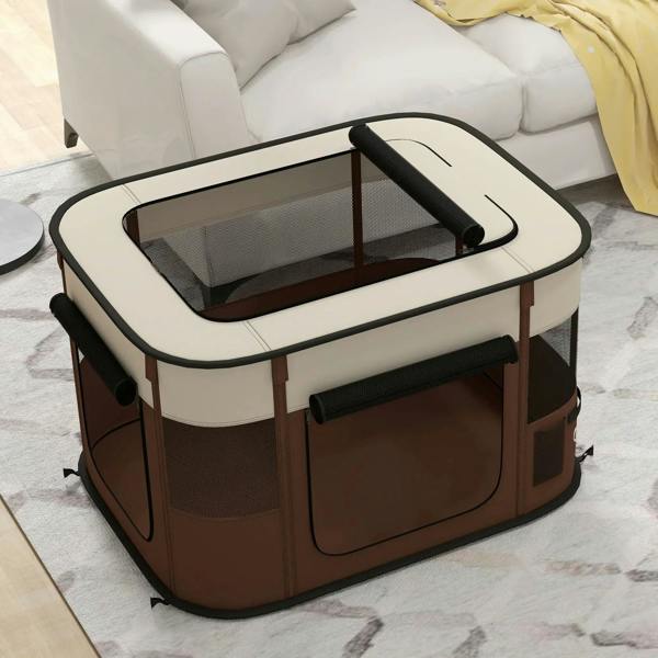 Brown foldable dog pen with black-edged top, mesh walls, and front door window