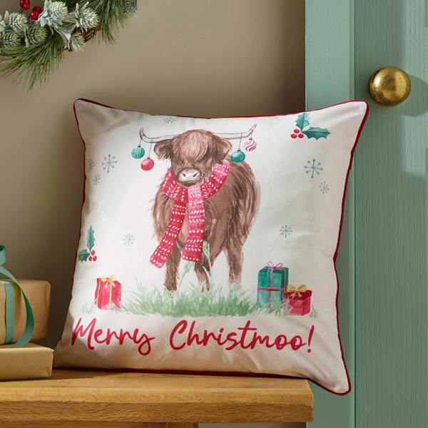 Catherine Lansfield Merry Christmoo Soft Touch Cushion Natural