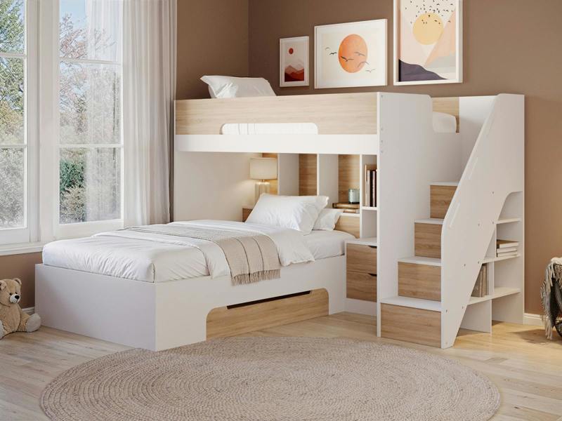Greyson Staircase Triple Bunk Bed with Storage White & Oak
