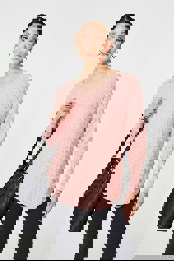 Pink | Textured V-Neck Relaxed Curve Hem Jumper
