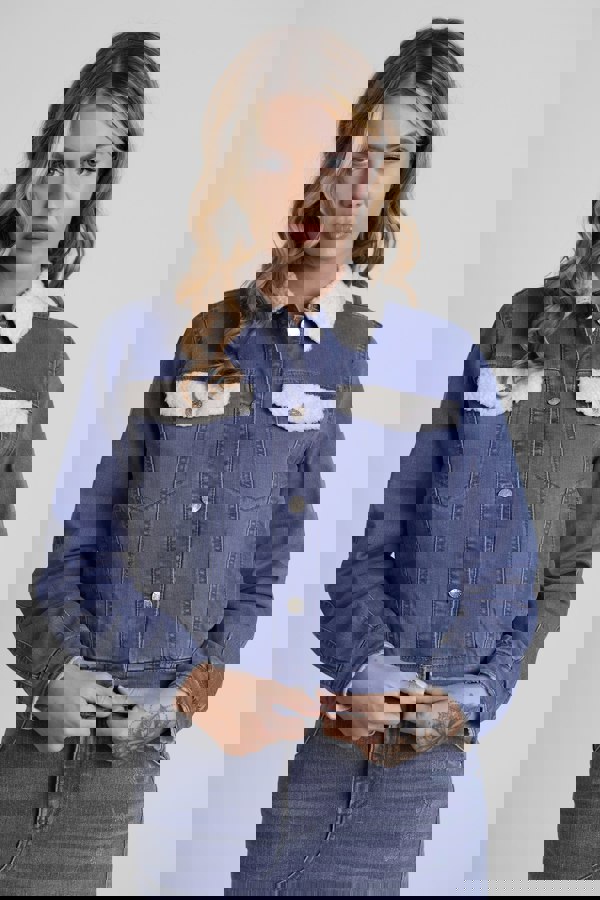 ENORSIA Mid Blue Borg Collar Cropped Denim Jacket