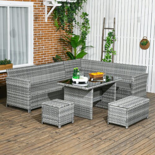 Wyld Haus Sakale Grey Rattan 9 Seater Garden Furniture Set With Corner Sofa Footstools And Glass Table