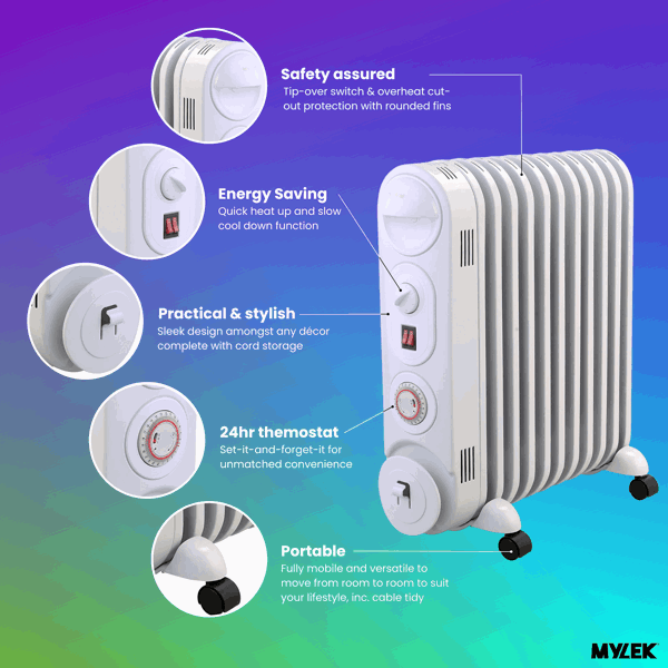 Mylek Oil Filled Radiator Electric Heater, Portable, Thermostat and 24hr Timer by Mylek 2500w