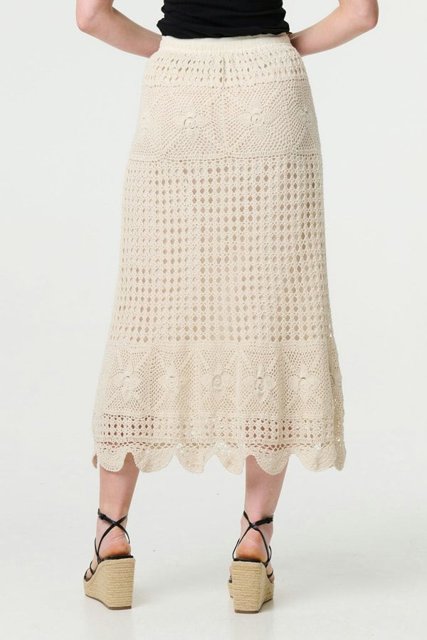Ivory | Mesh Crochet Texture Tie Waist Midi Skirt
