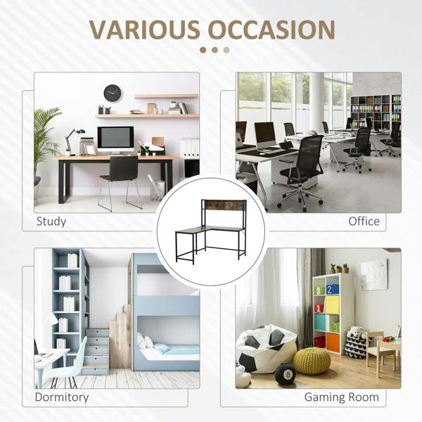 L-shaped corner desk with bookshelf, brown top and steel frame for home office use