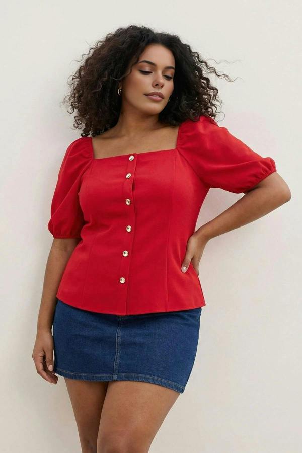 WOVCOR Square Neck Balloon Sleeve Button Detail Woven Plus Size Blouse