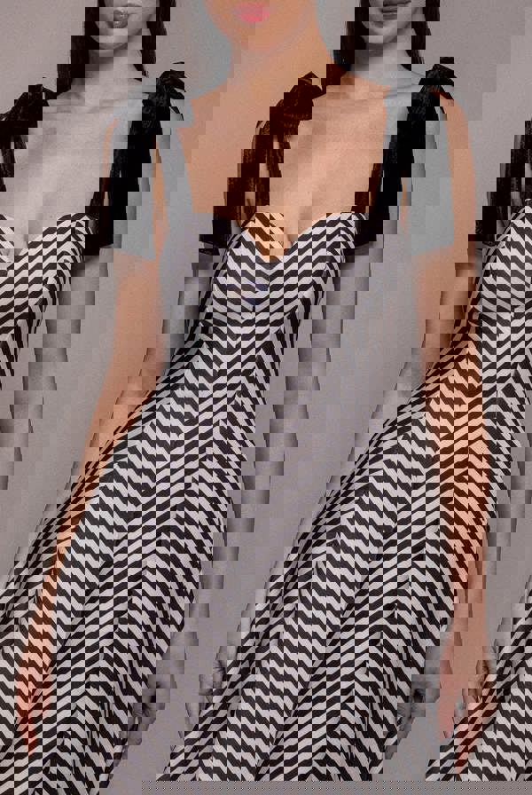 Diagonal Stripe Velvet Bow A Line Midi Dress - Black White DR5050