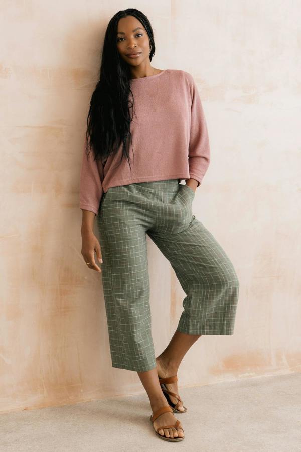 Lily & Me Greta Checked Cotton Cropped Trousers Green
