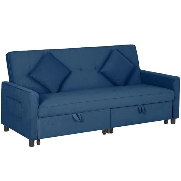 Blue velvet-feel three-seat sofa bed with tufted back, side armrests, and turned legs