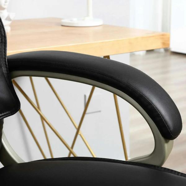 Black faux-leather armrest with curved padded support on a high-back office chair