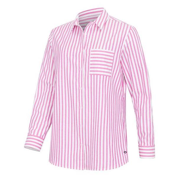 Hoggs of Fife Sophia oversized stripe shirt featuring long sleeves and curved hem, styled for relaxed countryside layering
