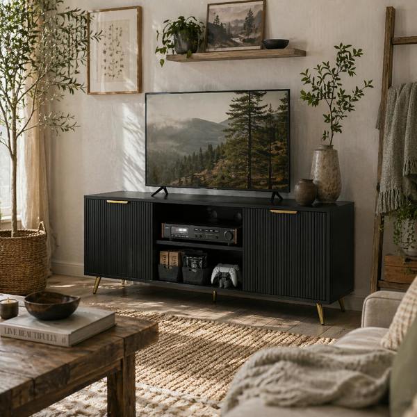 Wyld Haus Ellini Wooden Black TV Stand With 2 Open Shelves 2 Doors For Screens Up To 55 Inches