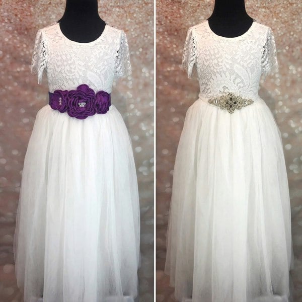 Purple and silver dress crashes on white flower girl dresses
