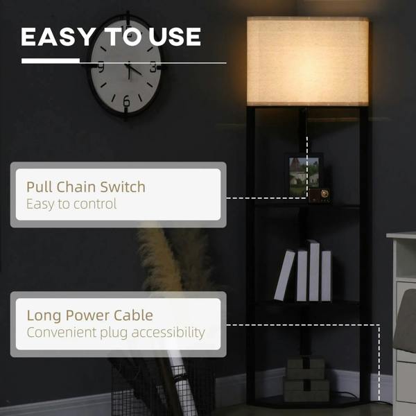 Black tall floor lamp with pull-chain switch, beige fabric shade, and open shelves