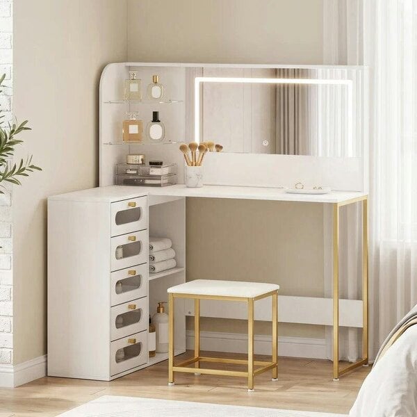 Dressing Table with LED Mirror and Stool, L-Shaped Vanity Desk with Drawers and Shelves, White - White