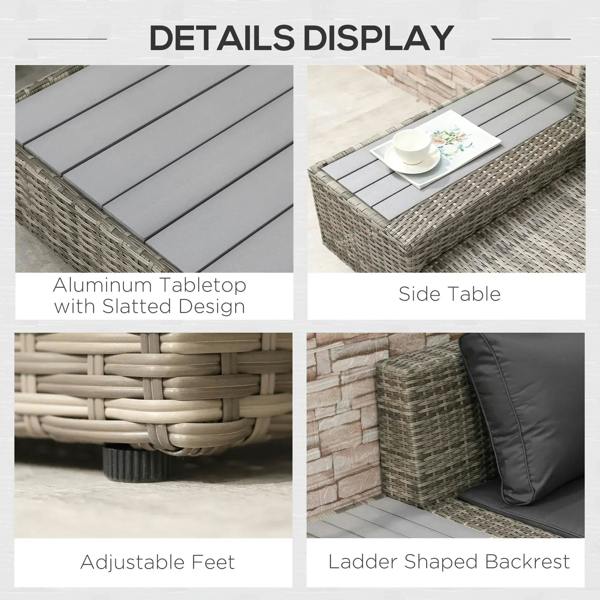 Rattan outdoor furniture details: slatted aluminum tabletop, side table, adjustable feet