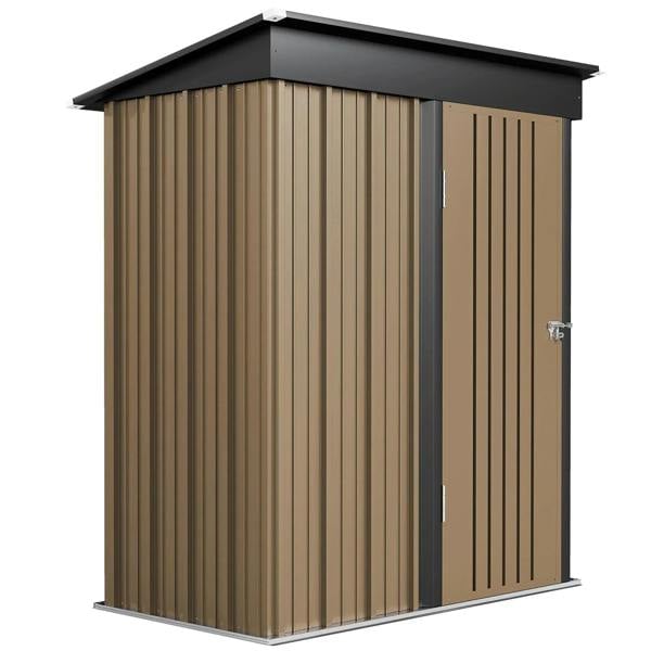 Brown corrugated steel storage shed with lock and gable roof