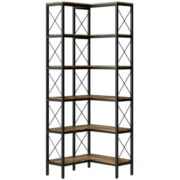 5-Tier L-Shaped Bookshelf, Freestanding Corner Bookcase with Metal Frame, Rustic Brown