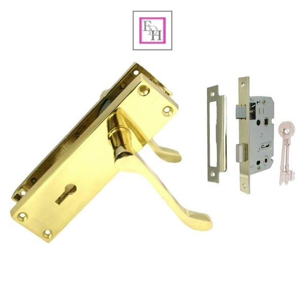 EDH Door Hardware Lock Door Handles Modern Brass Victorian Scroll Door Handle & 3 Lever Sash Lock