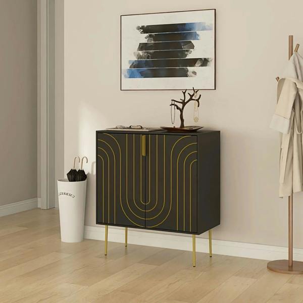 Black sideboard cabinet with gold-tone arched line door pattern and vertical gold handles