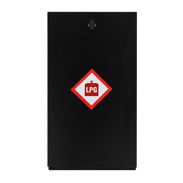 Black gas bottle locker for 6kg LPG cylinders featuring a prominent red and white hazard label for safety and identification