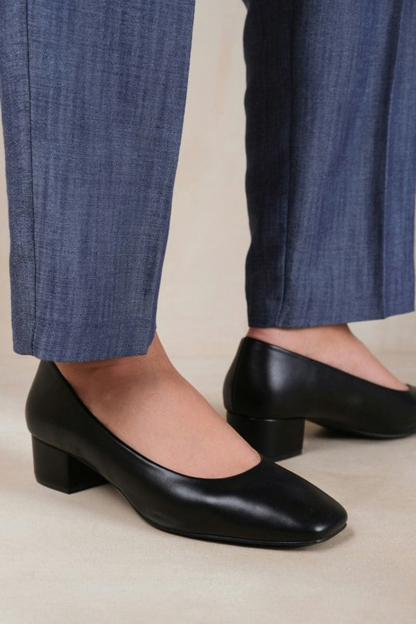 Where's That From Seattle Wide Fit Low Block Heel With Square Toe in Black Faux Leather