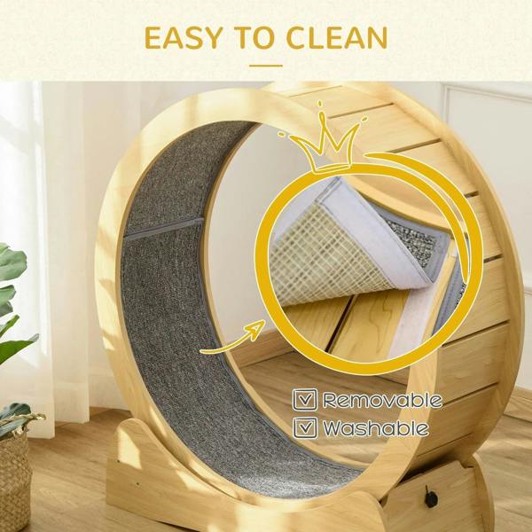 Natural wood cat running wheel with removable washable pad inside dark cushioned track