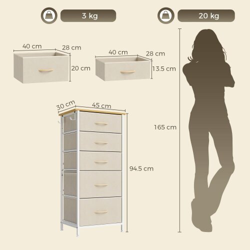 HOMCOM Fabric Chest of Drawers, 5 Drawer Dresser for Bedroom, Beige